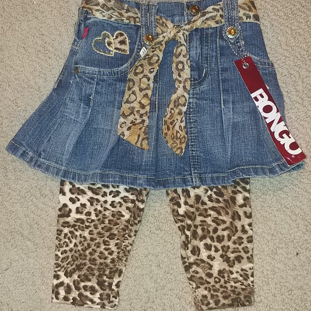 NWT Girls Cheetah Leggings With Jean Skirt 4